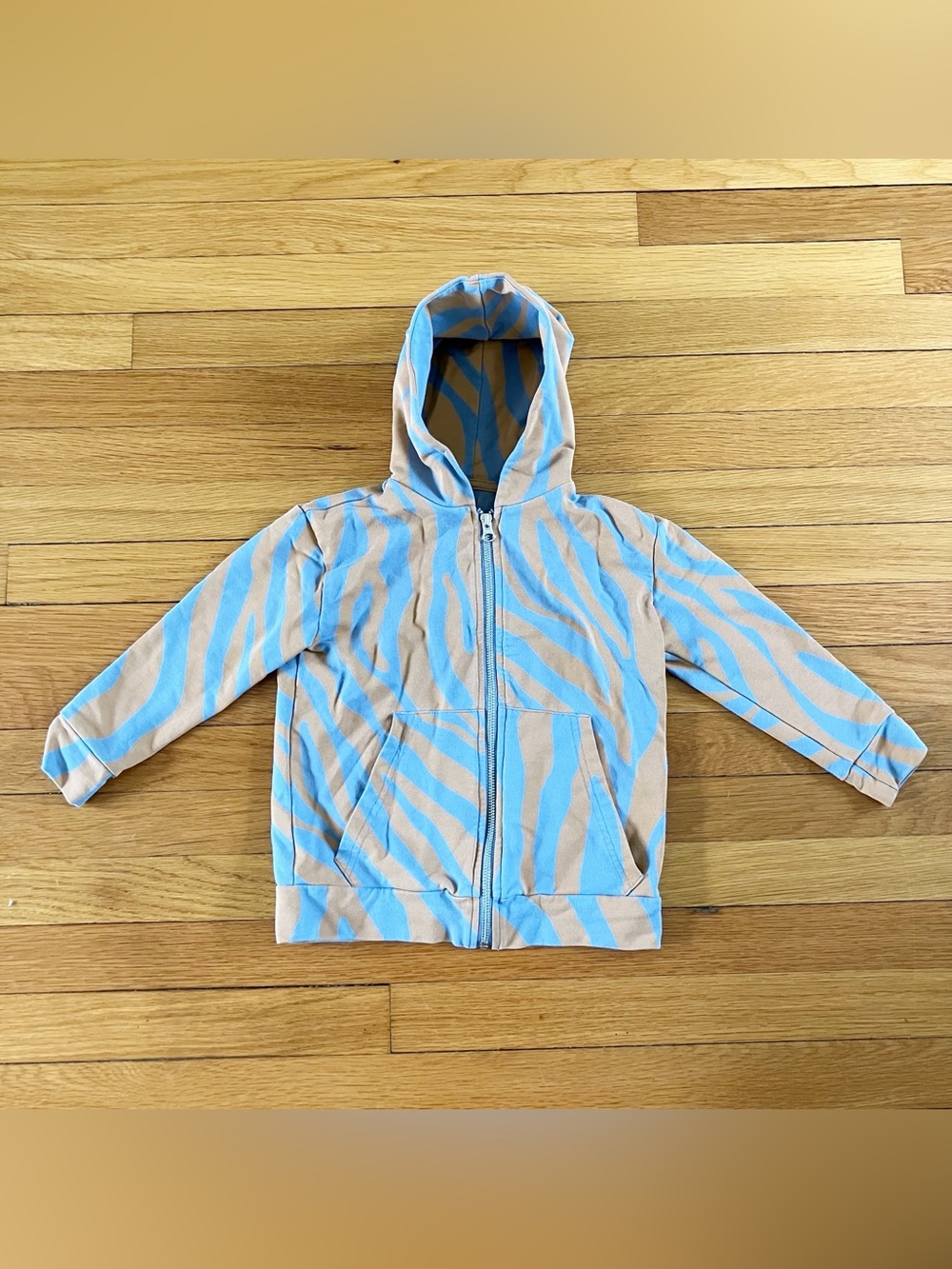 Moi Tan Blue Organic Cotton Iceland Zebra Stripe Zip Up Hoodie Sweatshirt 3-4